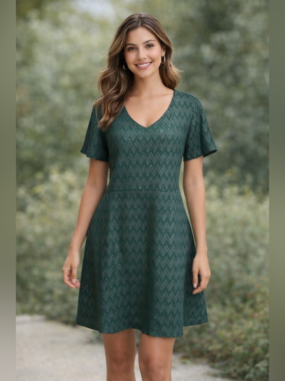 Renee C Short Sleeve Jacquard Midi Chevron Dress Sz 3X Emerald Green USA Made